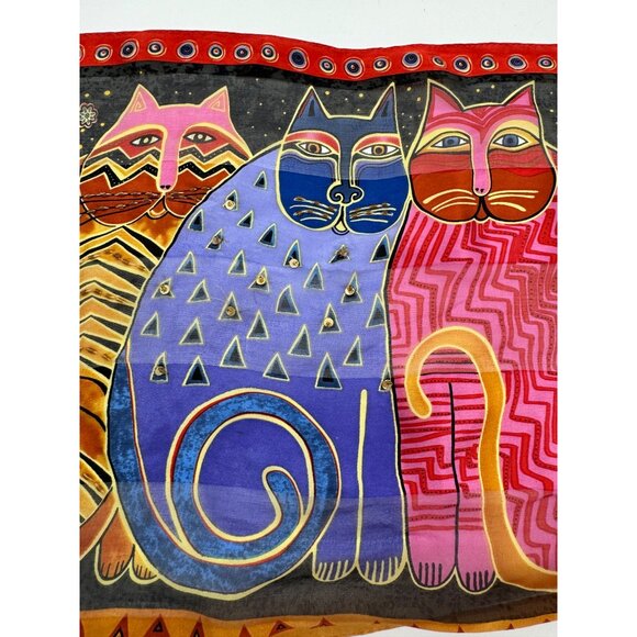 Laurel Burch "Feline Family Portrait" 100% Silk Scarf Vibrant Multicolor Cat Des - Picture 14 of 14